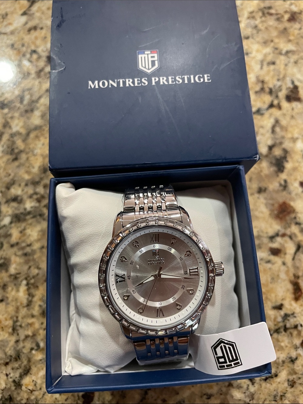 Montres Prestige Men's Silver Stainless Steel Dress Watch with Crystal Bezel